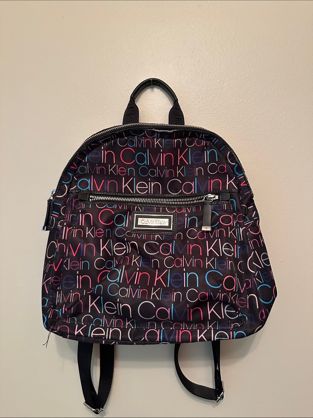 Calvin Klein Black Mini Backpack with Multicolor Logo Print